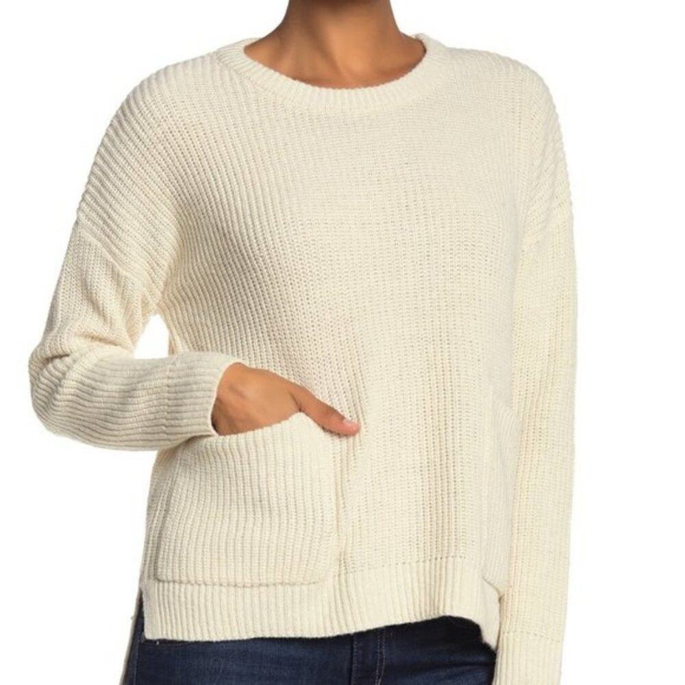 Melloday Knit Pullover Sweater Long Sleeve Crew Neck Two Pocket Ivory NEW Large